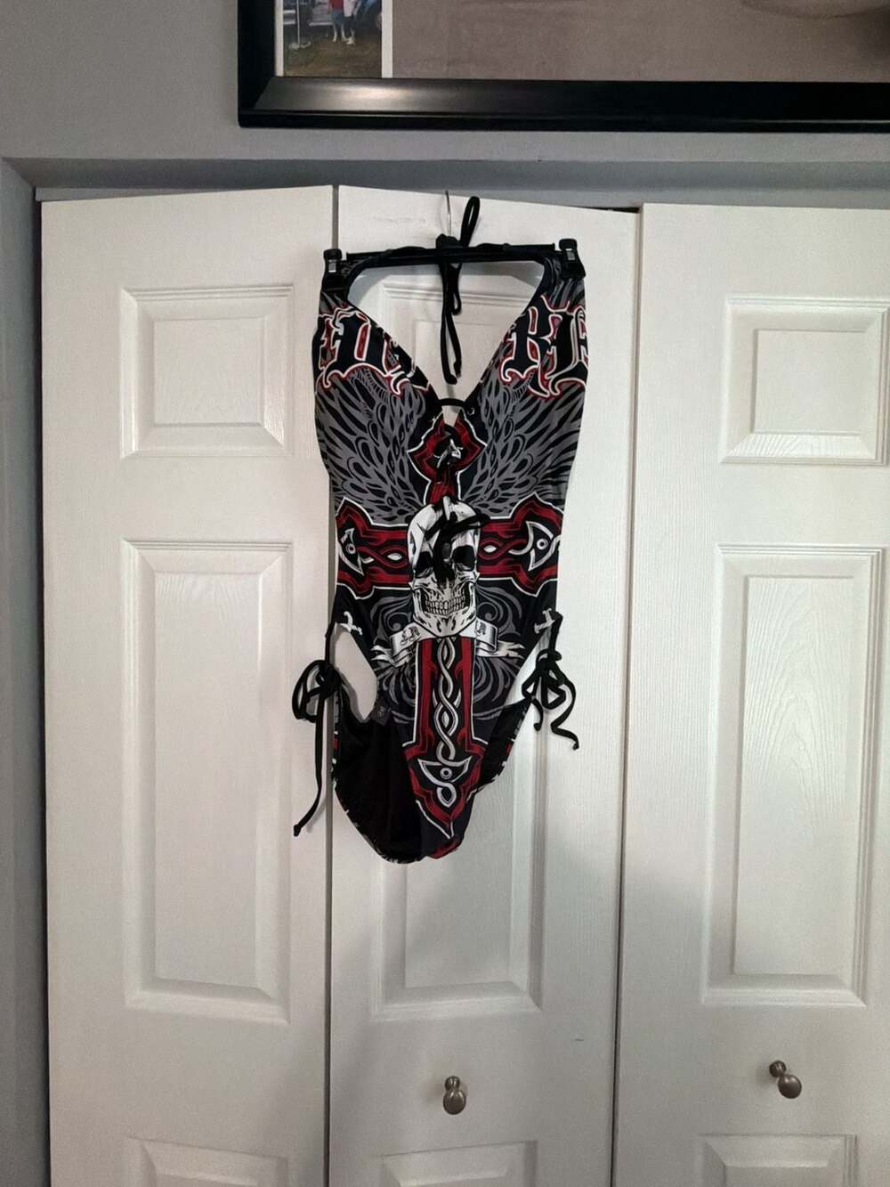 Hot Topic Affliction Cross Skeletons Rhinestone Swimsuit Size XL